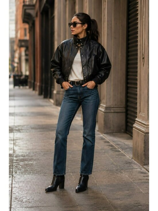 Denaive Jackets & Blazers - deNaive Leather Moto Bomber Jacket Womens Large Black Snap High Collar